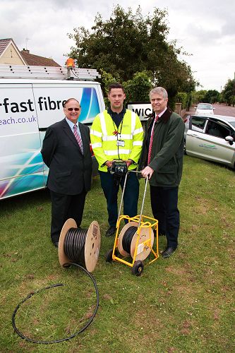 Pictured L-R: Cllr John Goddard - Chair of South Gloucestershire Council's Resources Sub-Committee, Jack Crew - Openreach Customer Services Engineer Apprentice, Bill Murphy - Managing Director Next Generation Networks for BT Group